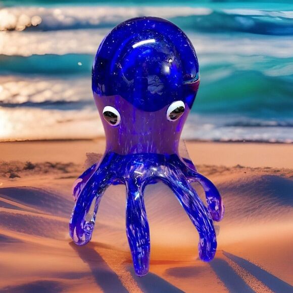 Vtg 7in Glass Hand Blown Blue Clear Octopus Paperweight Sea Creature Ocean Life - Picture 1 of 10